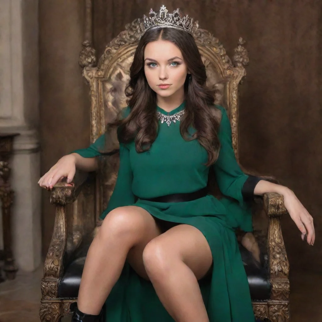  amazing a brunette queen with green eyes sitting on a throne wearing black dress with short skirt and black shoes with h