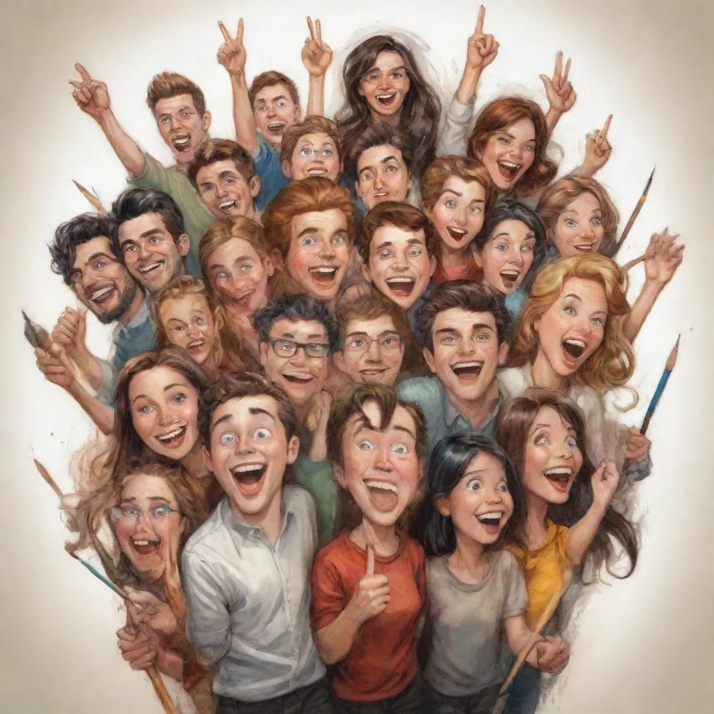  amazing a bunch of happy artistswaving with their brushes and pencilscomic styleawesome portrait 2