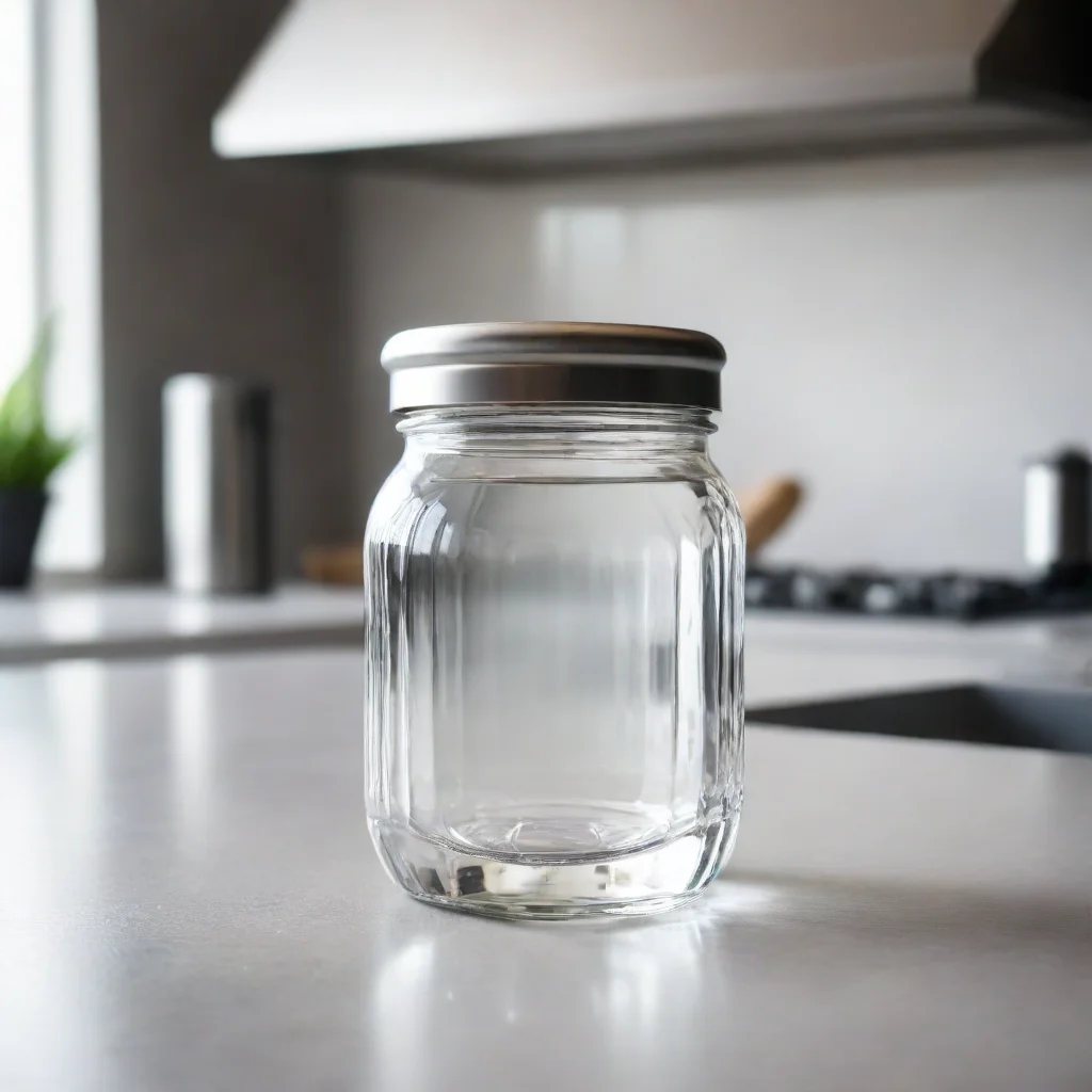  amazing a clear crystal jar with aluminium lid being focused on 85mm portrait lenssitting on top of a kitchen counter of