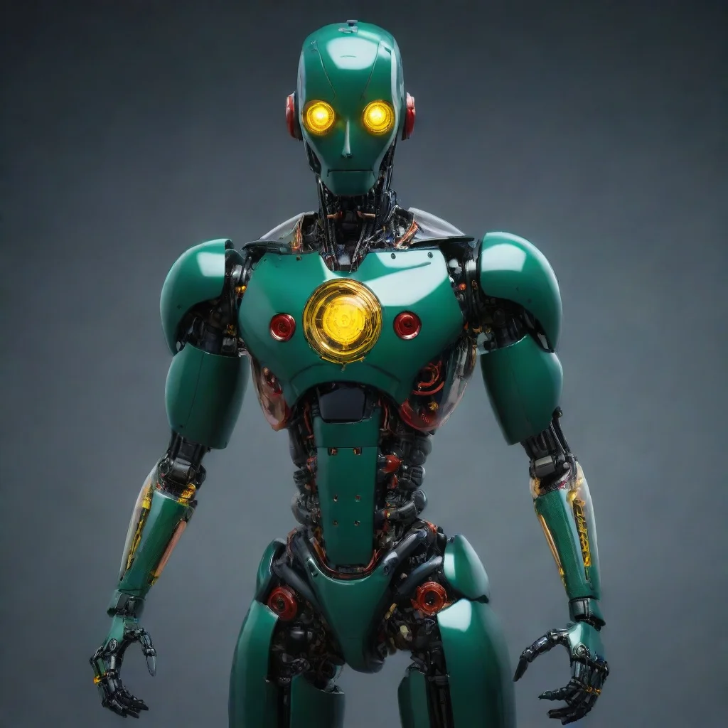 ai amazing a dark green robot with navy blue forearmsa black head with transparent yellow face and transparent red on his t