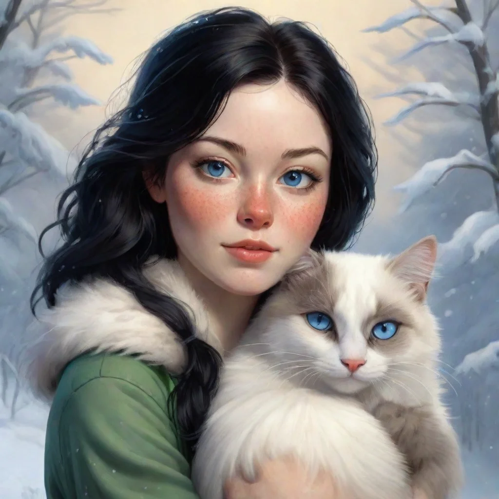 ai amazing a detailed portrait of a pretty black hair irish woman with pale skin and freckles hugging a snowshoe siamese ca
