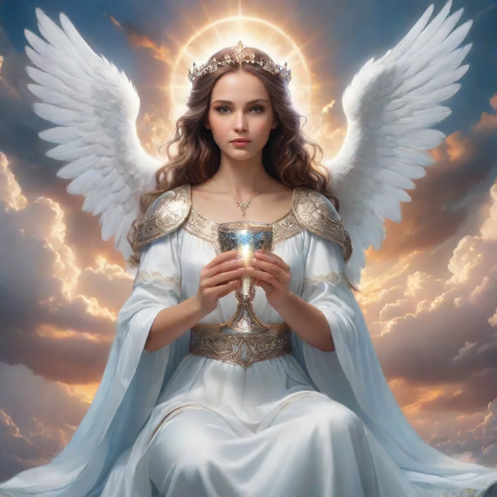 ai amazing a female archlord with white angelic wings sitting on beautiful clouds in the sky and holding a diamond chalice 