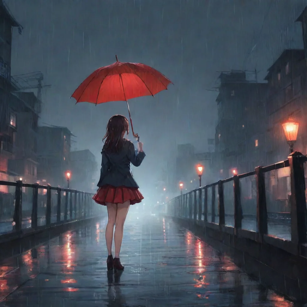 ai amazing a girl holding an umbrella standing in front of a bridgeholding red umbrellaanime atmosphericnight time city bac