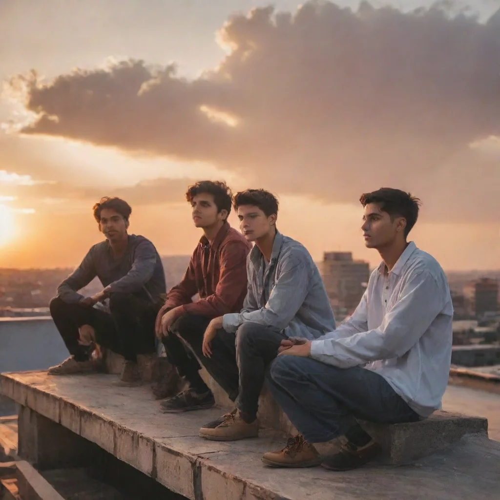  amazing a group of 4 male students sitting at a rooftop while sunset happens awesome portrait 2 tall