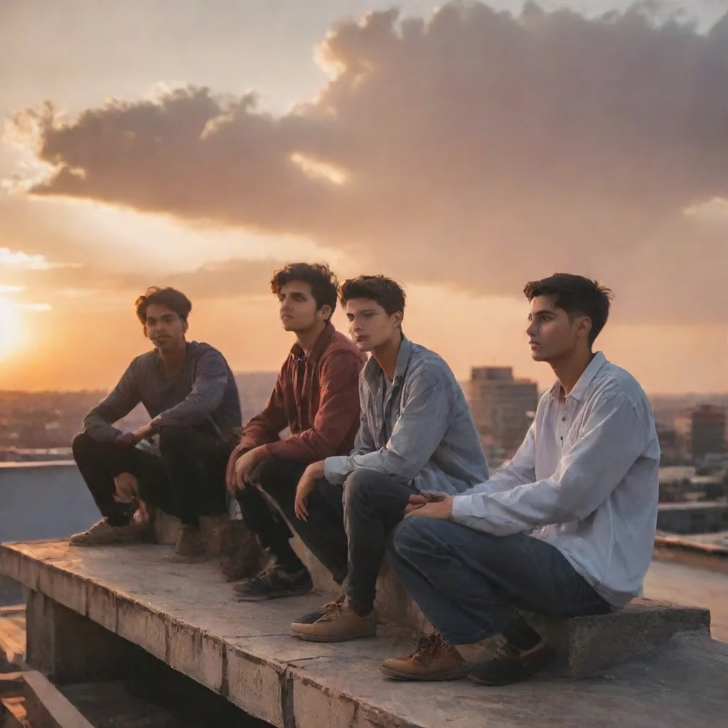 amazing a group of 4 male students sitting at a rooftop while sunset happens awesome portrait 2 tall