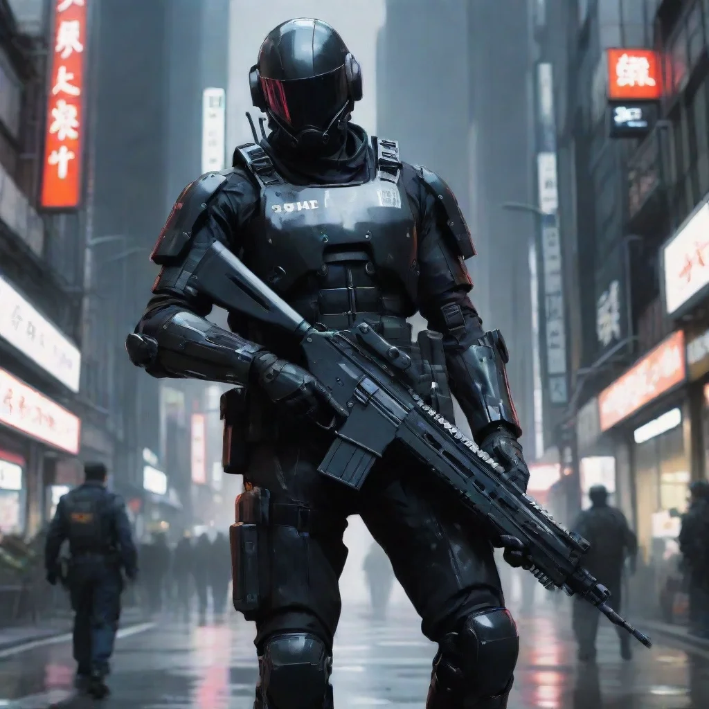  amazing a high fidelity sci fi police carrying a long carbine covered in black battle suit in a highly technologically t