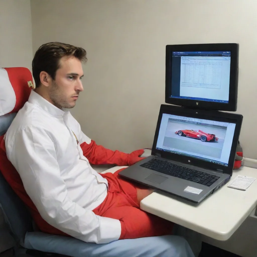 ai amazing a laptop with an excel spreadsheet in a hospital bed in a ferrari suit watching the formula 1 on tv awesome port