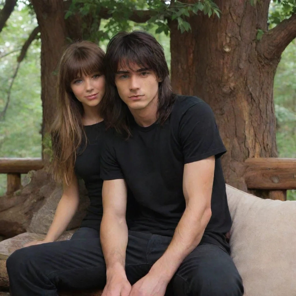  amazing a man with black and long hairthe man is wearing a black shirt and a girl with bangs and layered hair is sitting