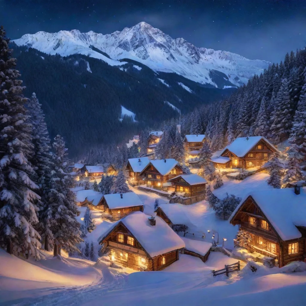 ai amazing a mountain village with snow and pine trees in the night awesome portrait 2