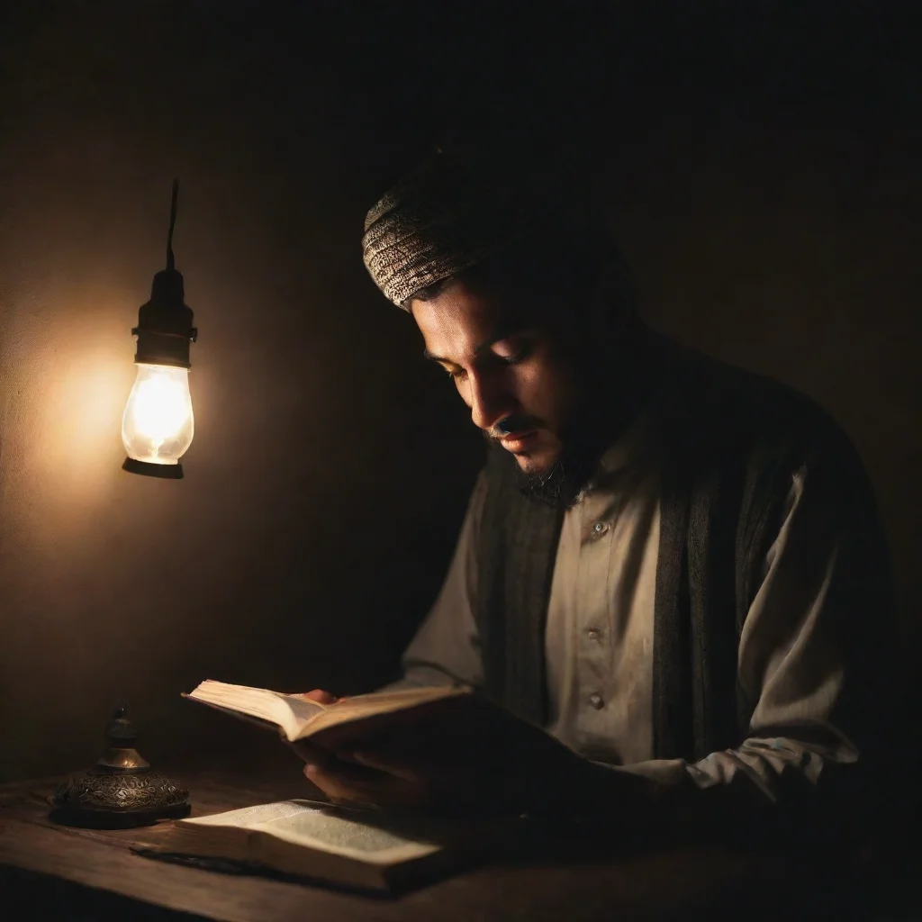 ai amazing a muslim man reading a book in a dark room with lamp lightawesome portrait 2 wide