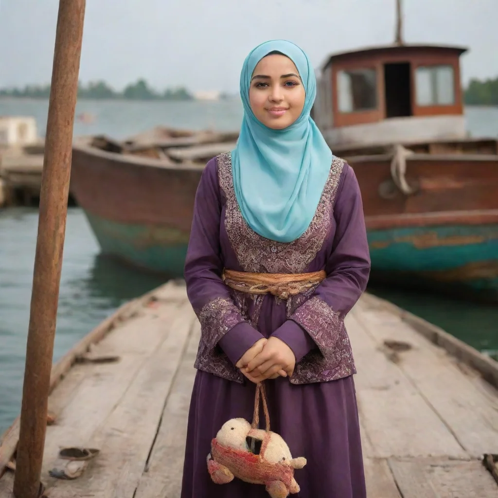 ai amazing a muslim woman wearing hijab holding a toystanding on an old boat awesome portrait 2