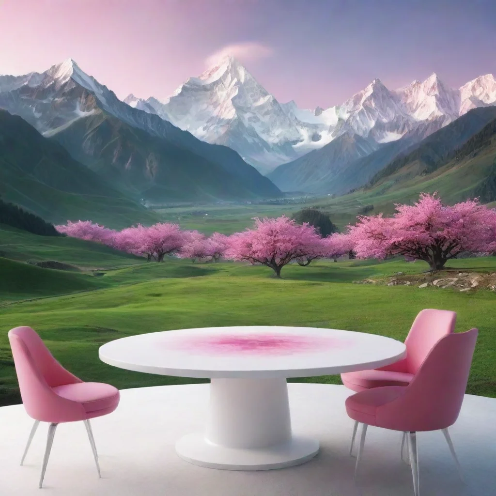ai amazing a open environment scenea big white round table in green plainsbackground himalayan mountains are glowing pinkta