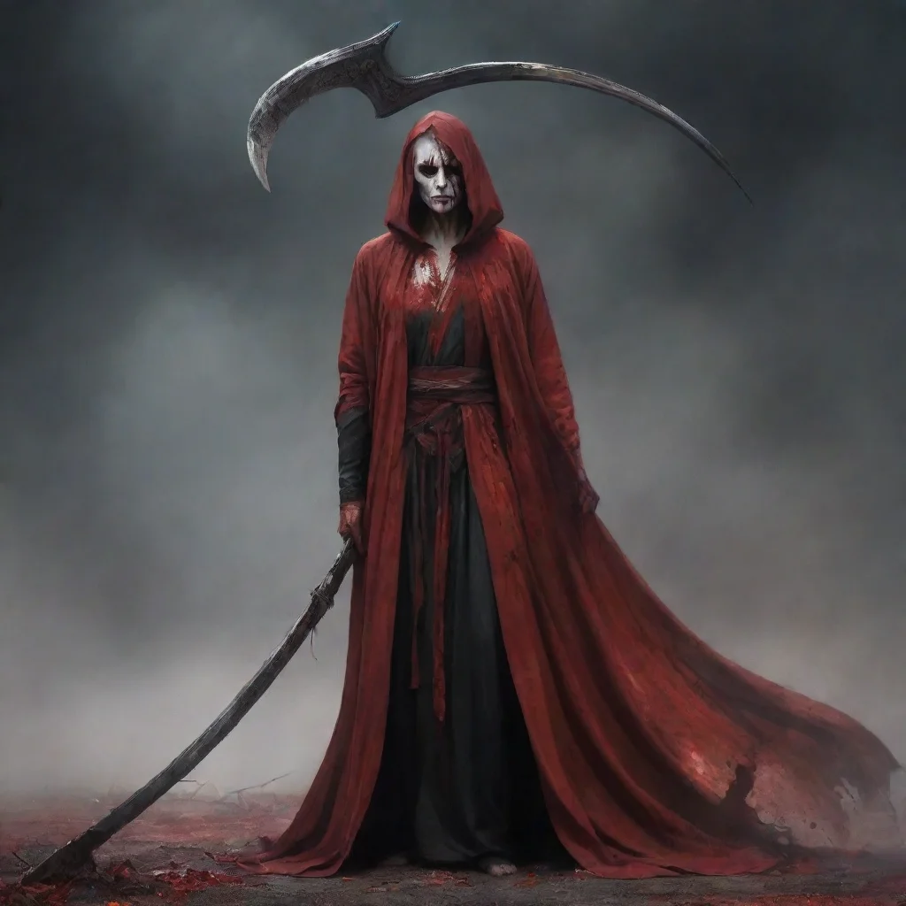 ai amazing a person holding a long scythe with a blood red robe on awesome portrait 2