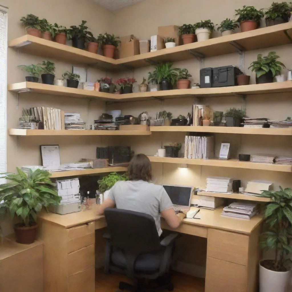  amazing a person sitting at a desk in a well lit officeworking on a laptopon the desk is a small potted plantin the back