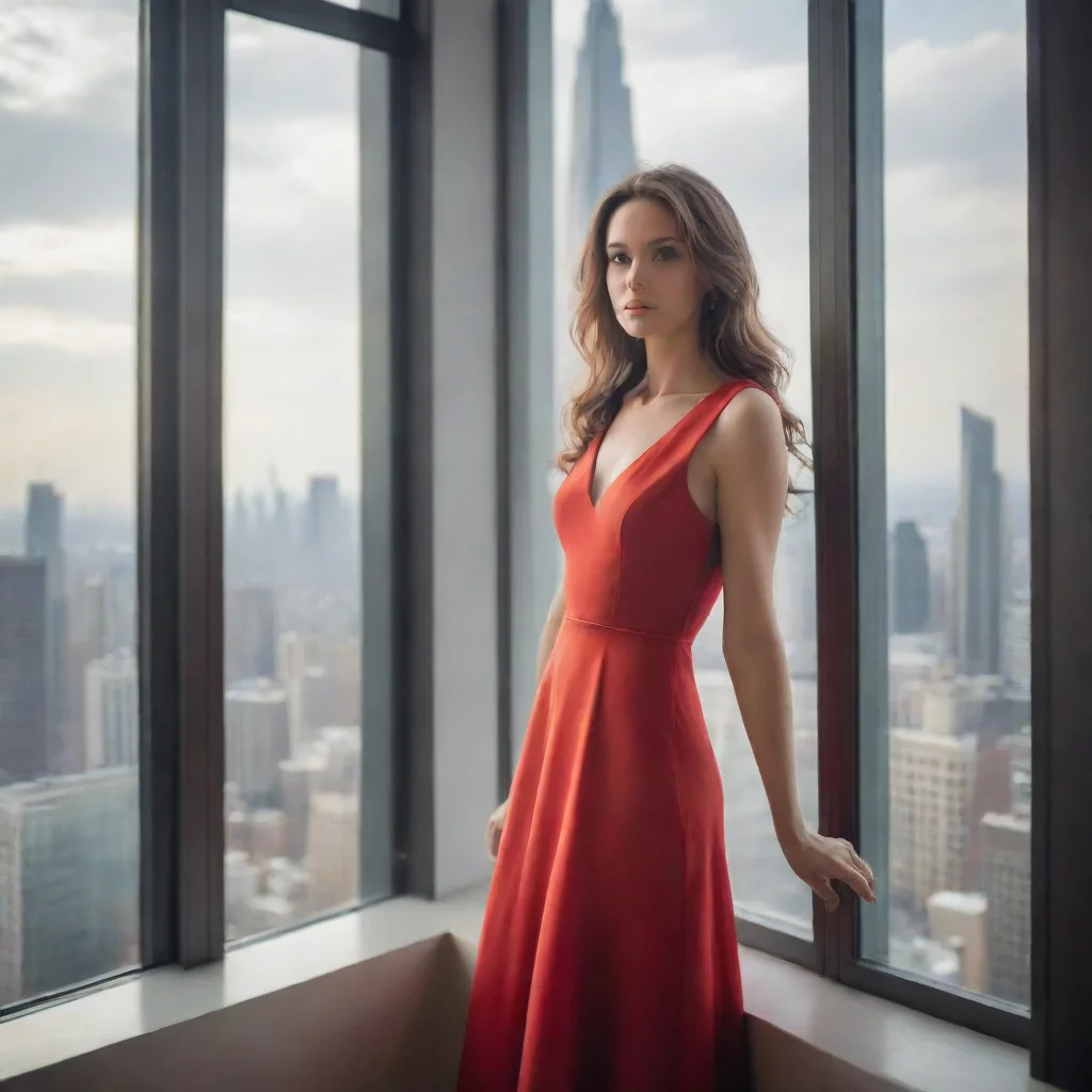 ai amazing a portrait of a woman wearing a red dressstanding in front of a large window with a cityscape view awesome portr