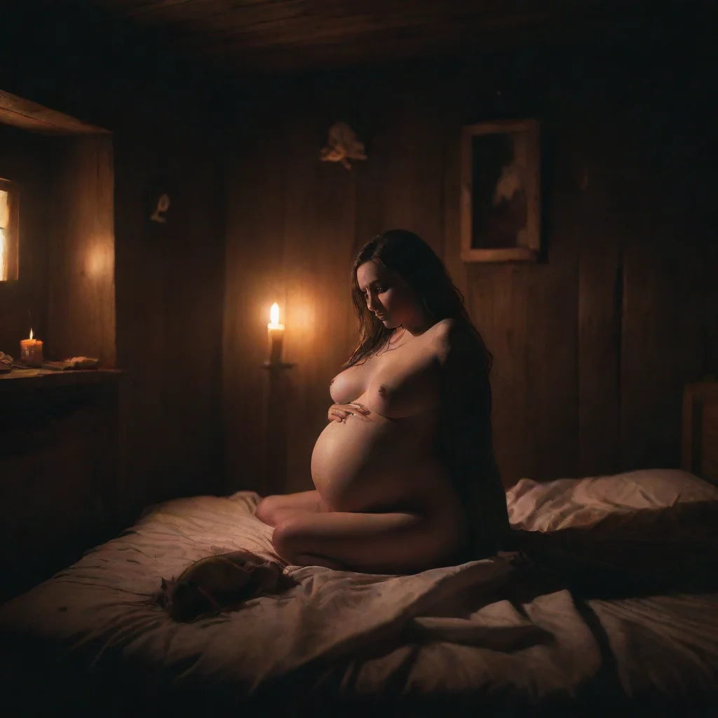 ai amazing a pregnant woman on bed in a cabindark roomcandle lightrats on the floorhorror sceneawesome portrait 2 wide