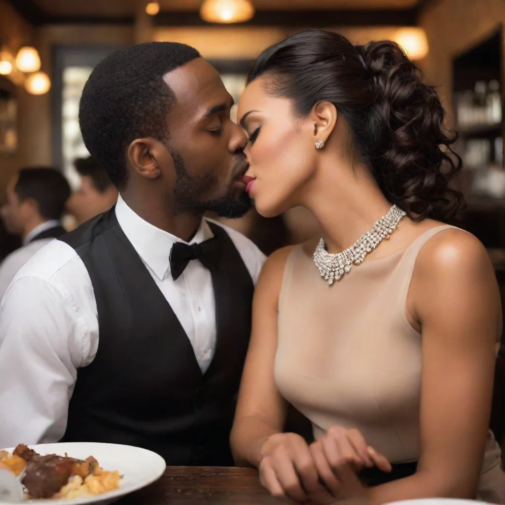 amazing a pretty wife kissing a black waiter leaning over her at a chic restaurant awesome portrait 2 wide