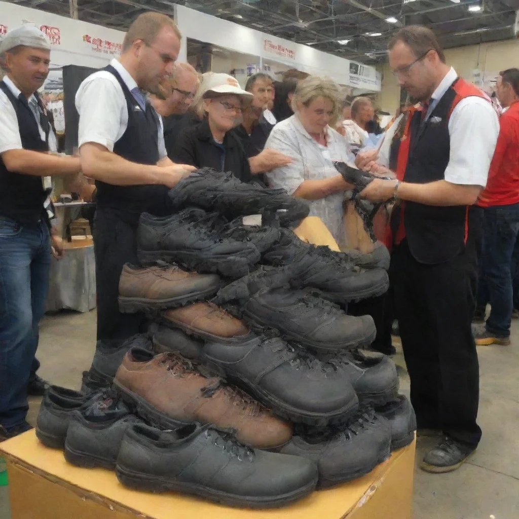 ai amazing a safety footwear company staff showing there new safety shoes in an industrial expo to the people who visited t