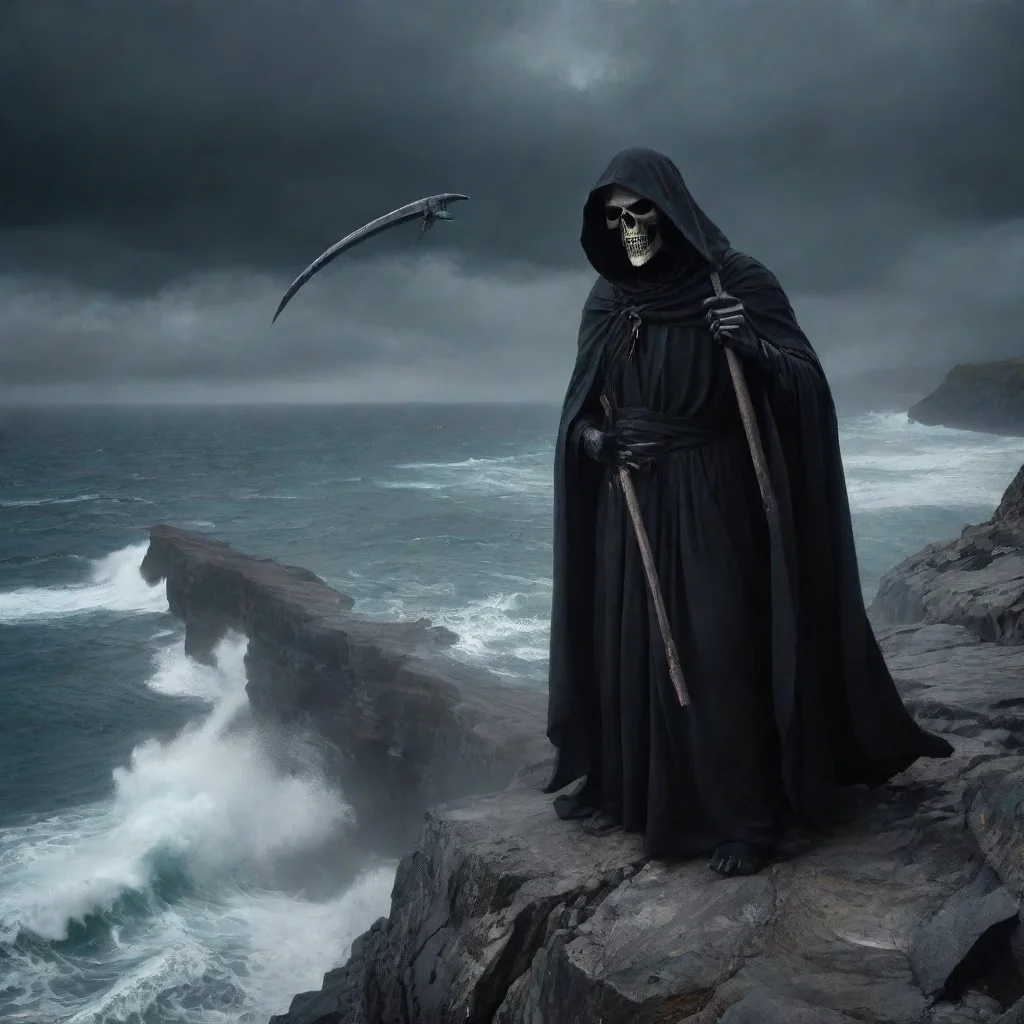 ai amazing a sinister looking grim reaper holding a scythe on the edge of a cliff above a tempestuous ocean awesome portrai
