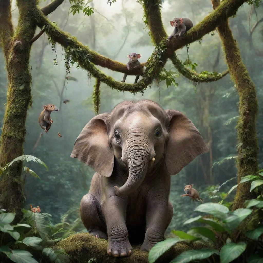ai amazing a small elephant sitting in a rainforest with its friends with a pretty rainforest in the backround with monkeys