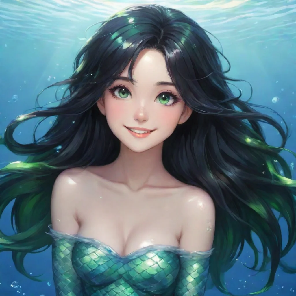 ai amazing a smiling anime mermaid with black hair and green eyes appears awesome portrait 2