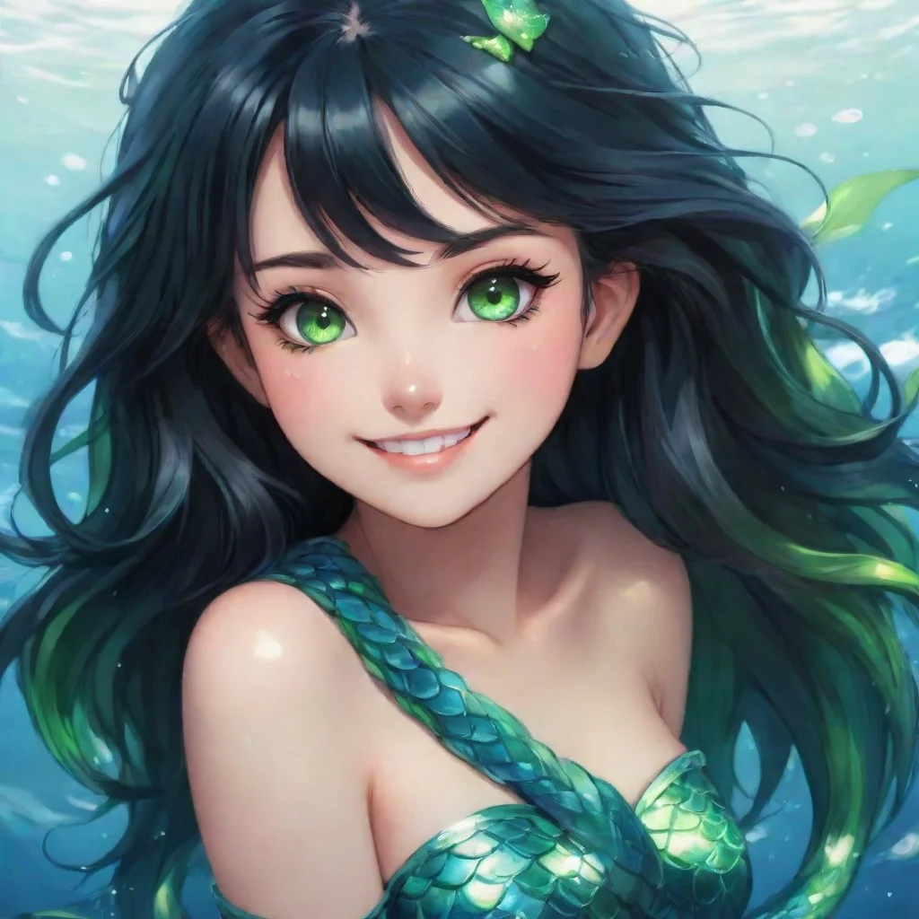 ai amazing a smiling anime mermaid with black hair and green eyes awesome portrait 2