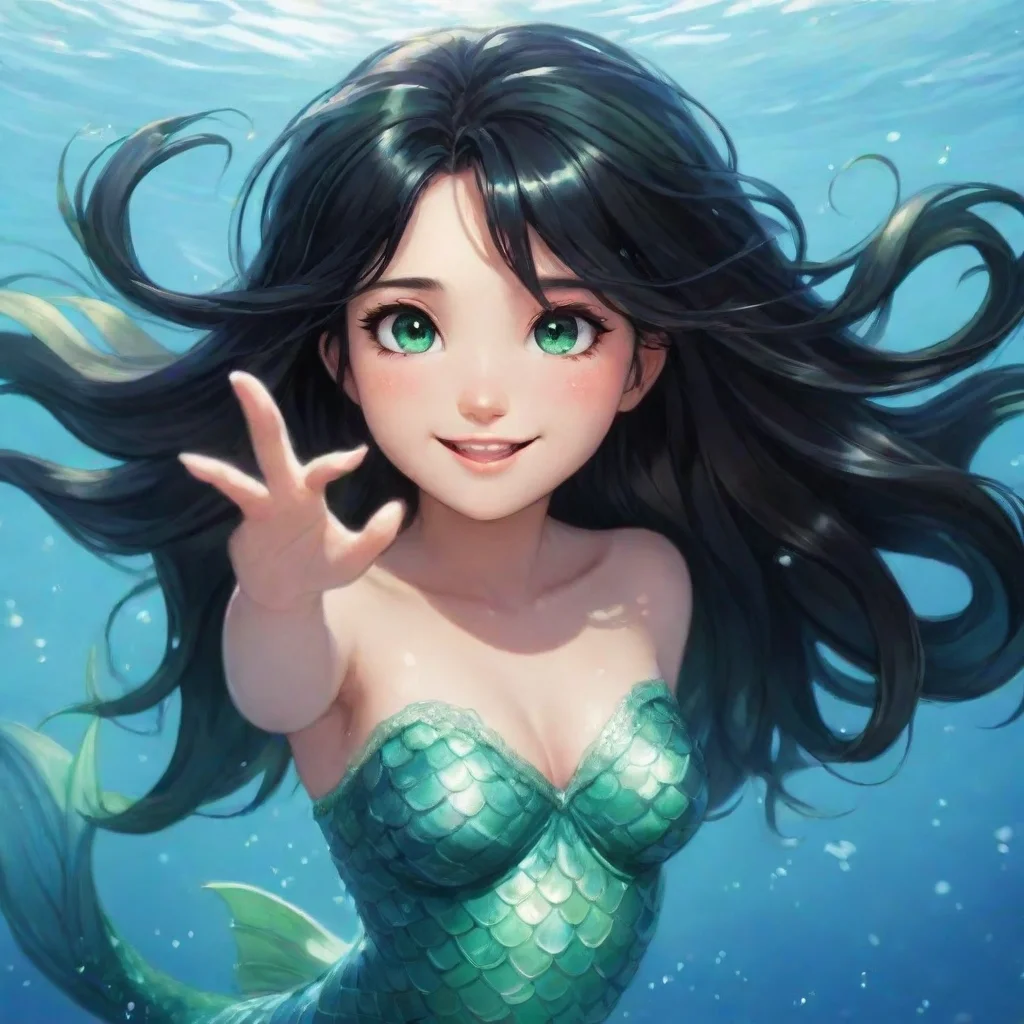ai amazing a smiling anime mermaid with black hair and green eyes waving awesome portrait 2