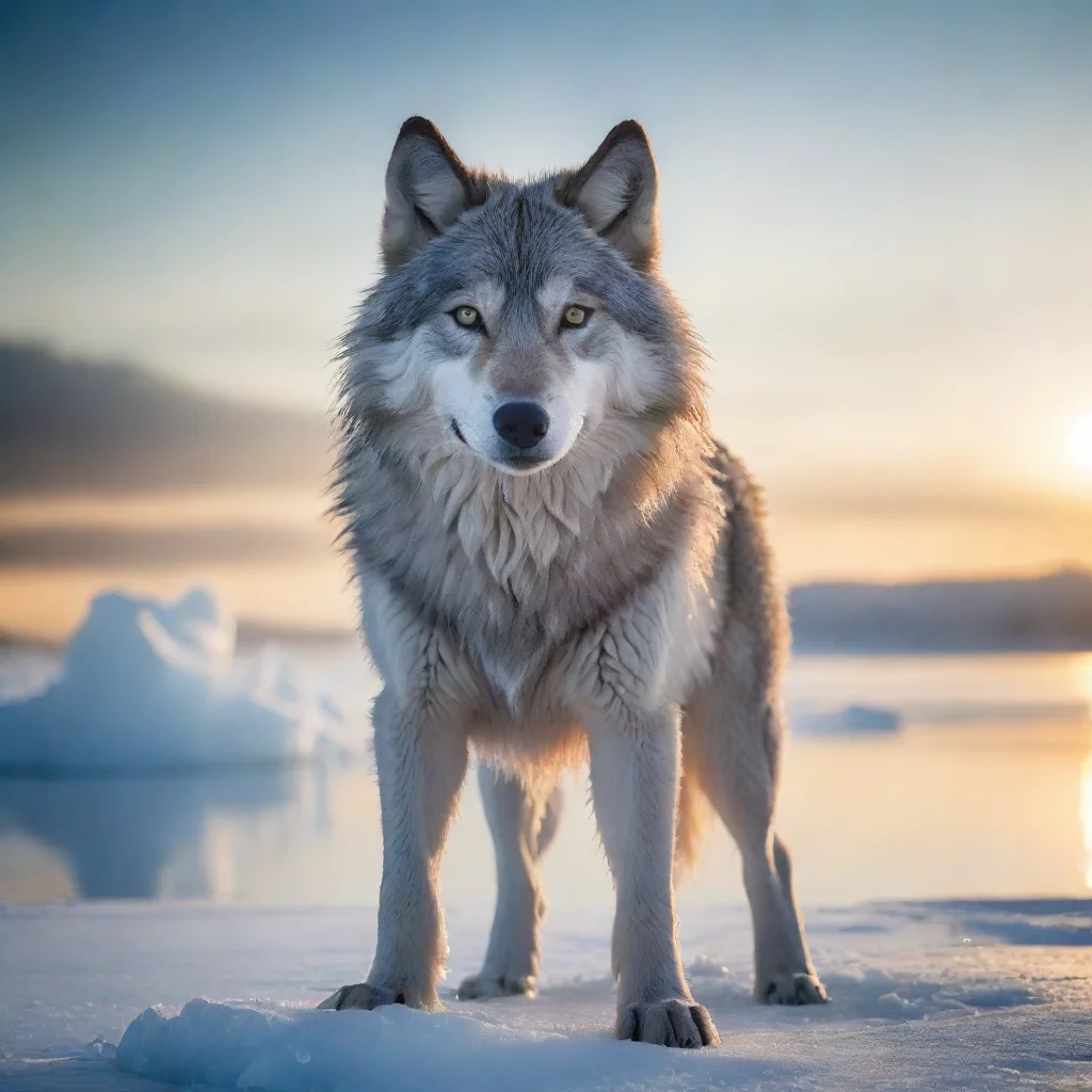 ai amazing a smiling wolfmade from icestanding on a giant ice lakethe sun behind himawesome portrait 2