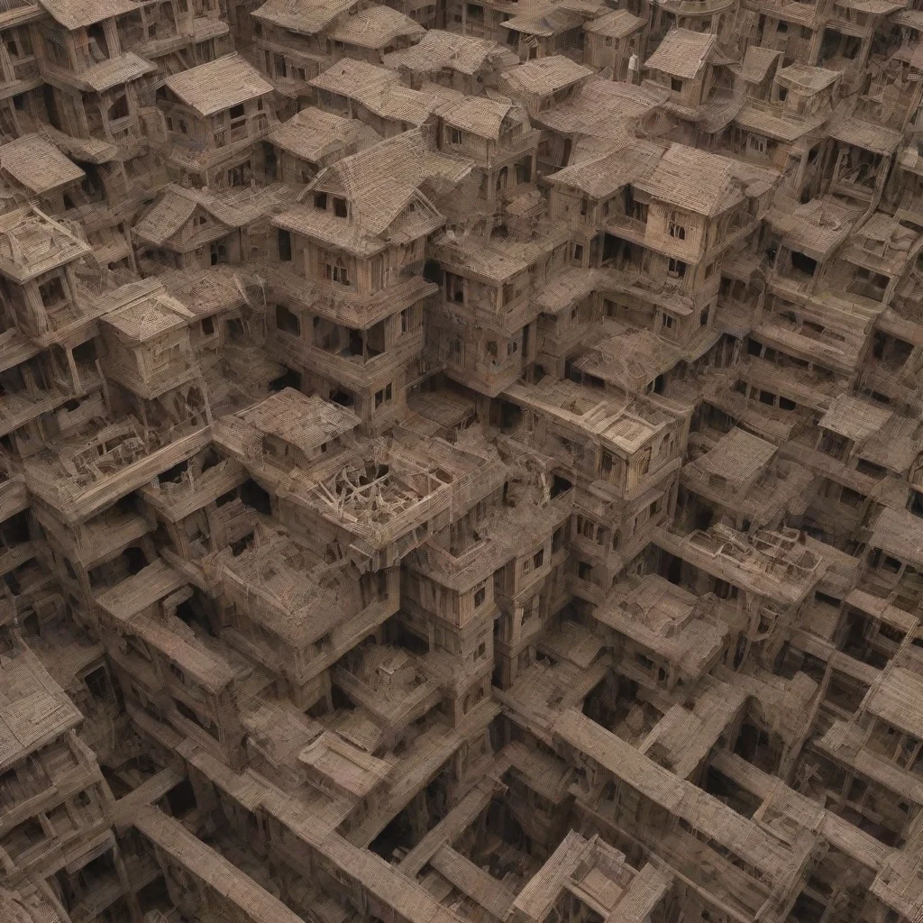  amazing a swarm of parts intertwined upside down escher paradox kitbash greeble timber construction building in a buildi
