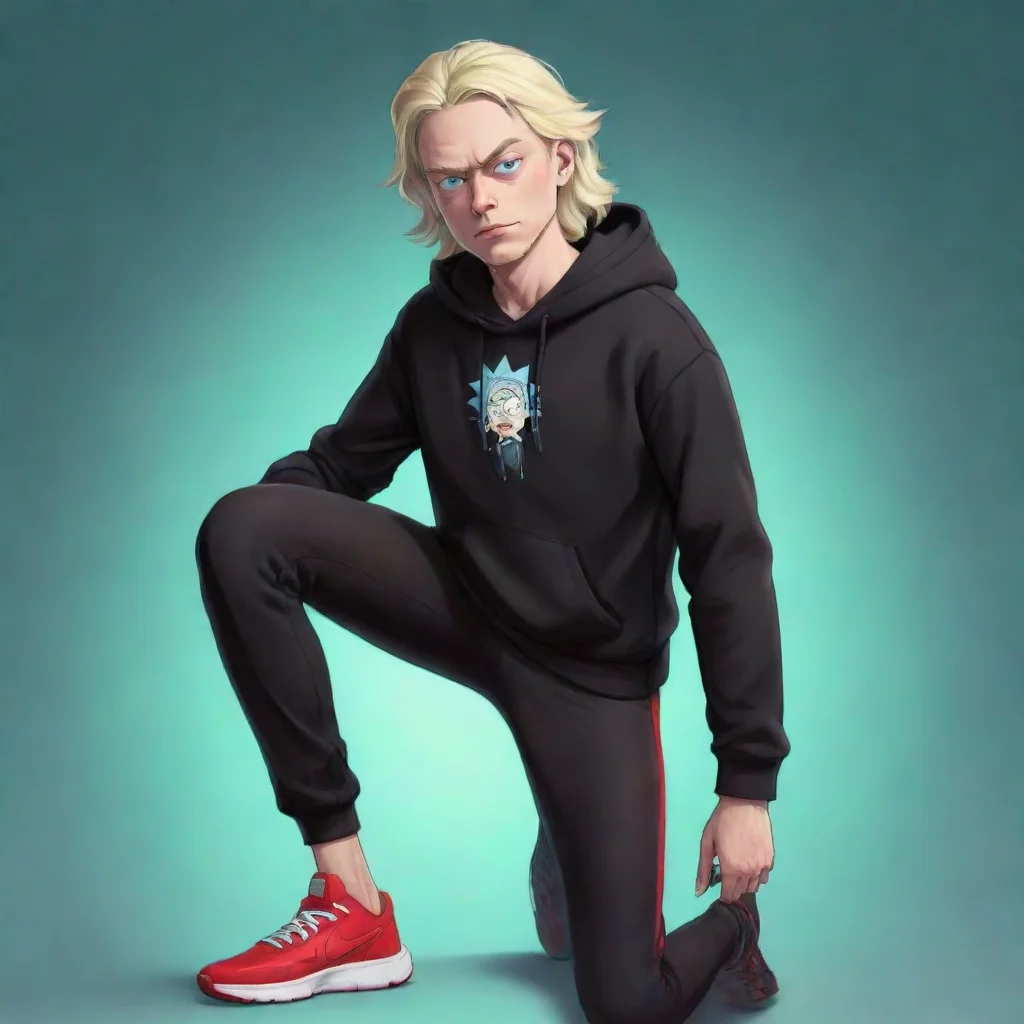  amazing a tonedblonde male with long haira black hoodieblack leggings showing of his legs and some red sneakers rickmort