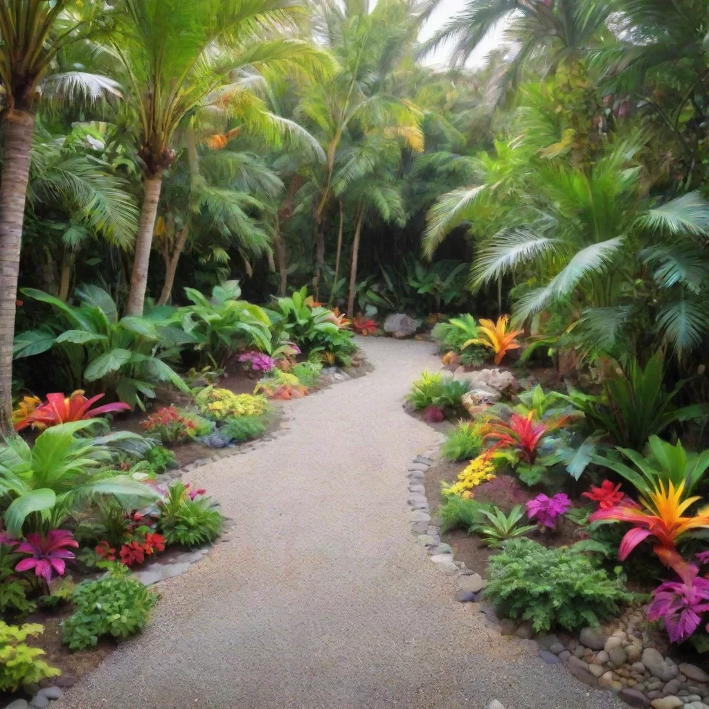 ai amazing a tropical front yard with a gravel pathway winding through lush greeneryvibrant tropical plantsand palm treesle