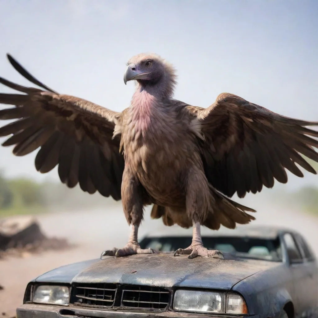  amazing a vulture bird landing on a broken smoking car engine wearing glases awesome portrait 2