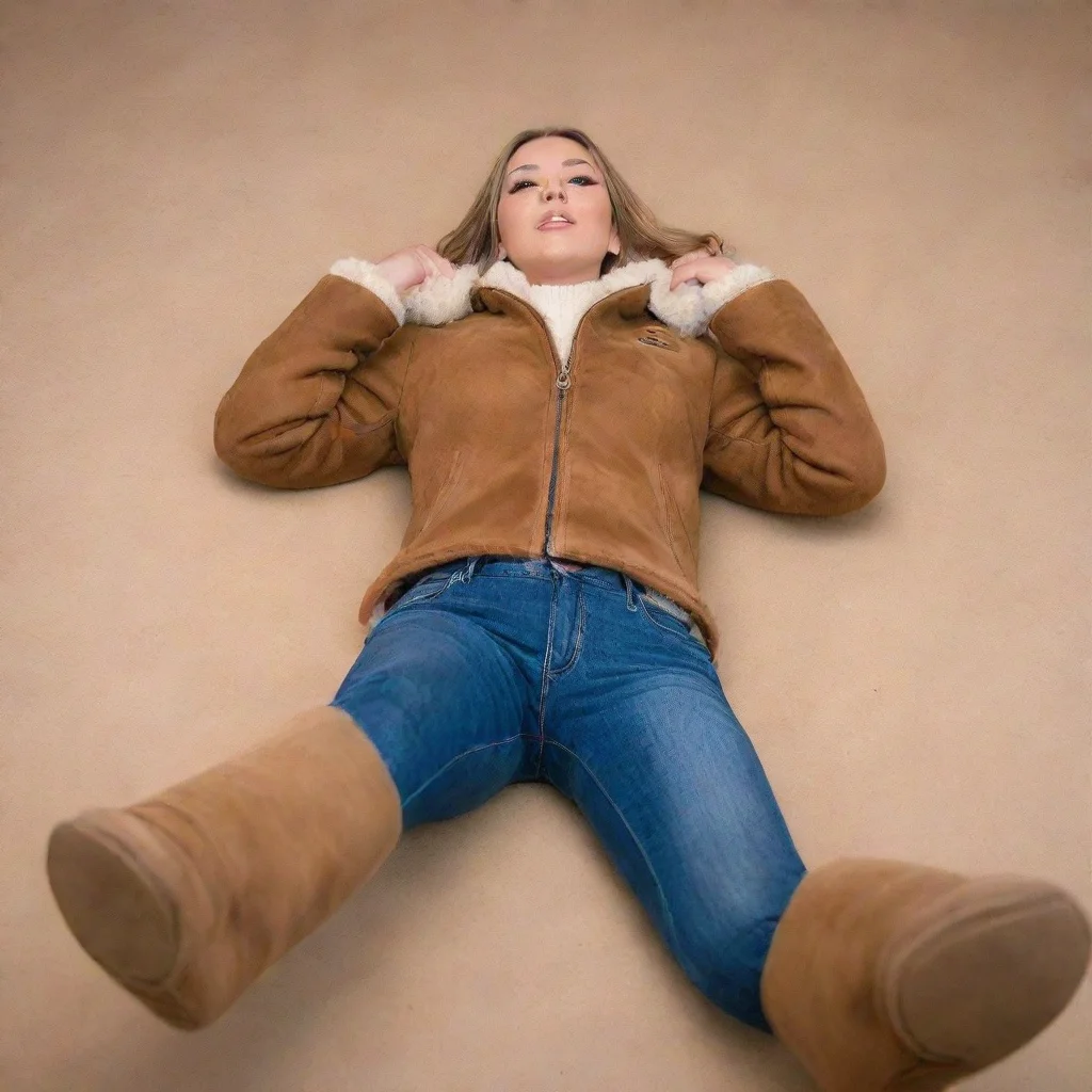  amazing a woman wearing b3 shearling jackettight jeansknee high ugg bootsis lying down with her legs spread wide openlow