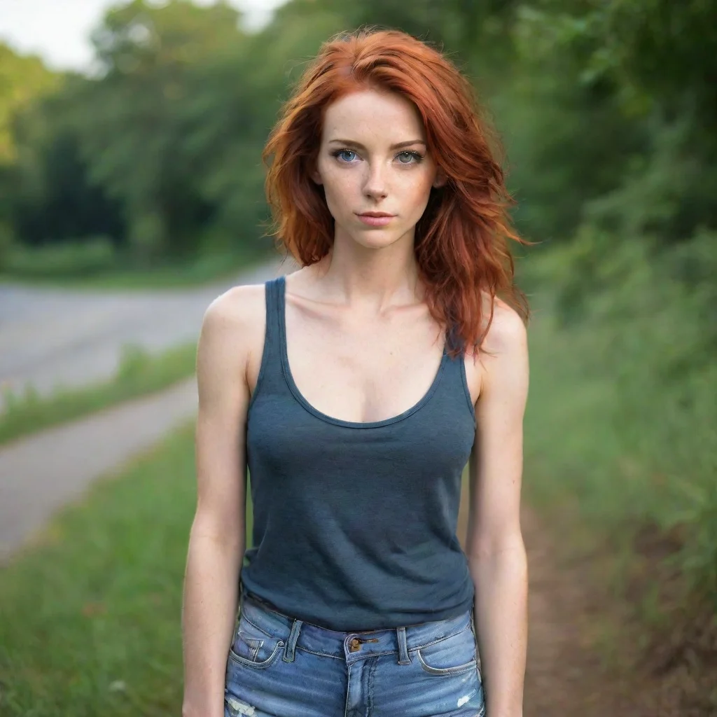 ai amazing a woman with red hair and hazel green eyesshe is very skinny and is wearing a tank top and jean shortsawesome po