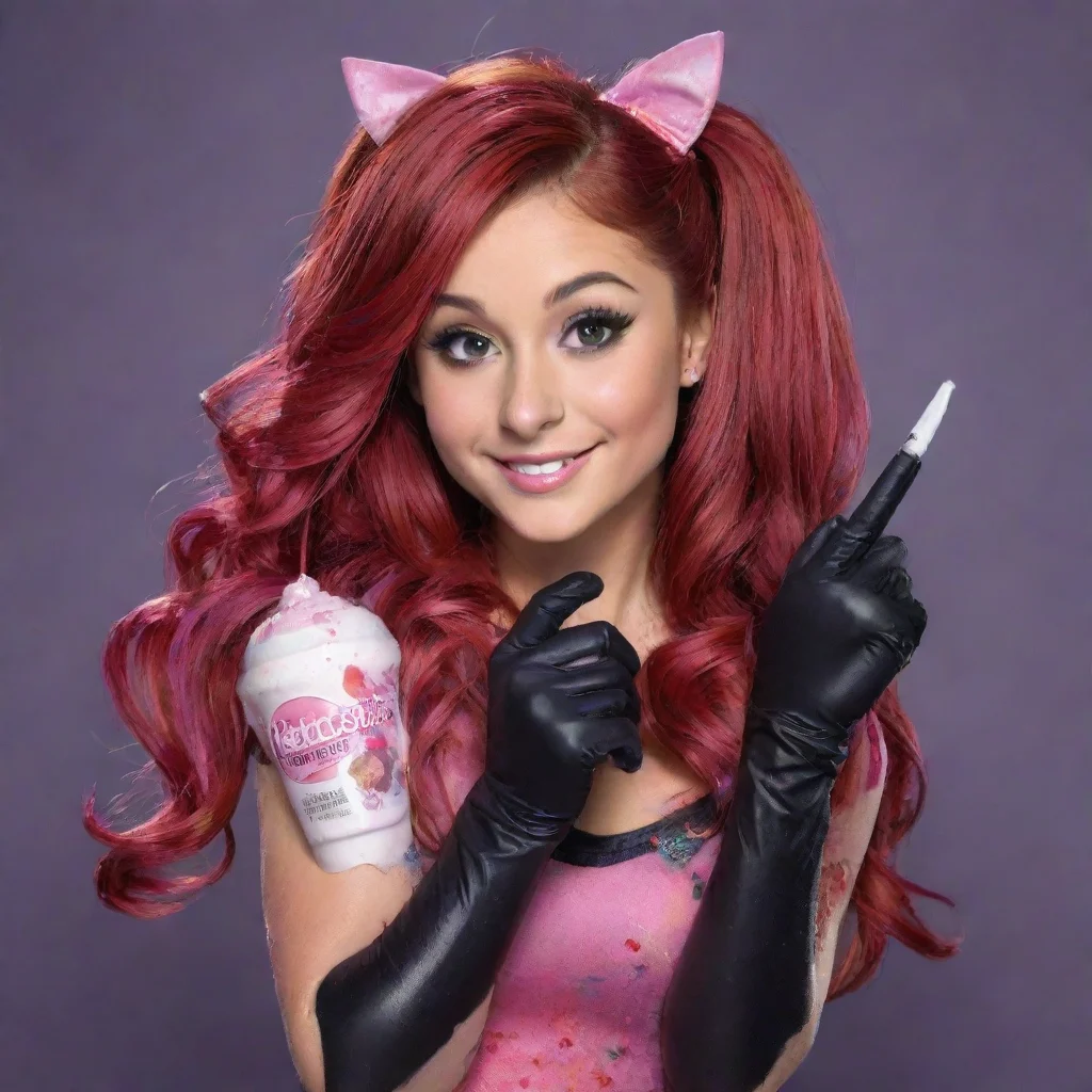  amazing adult30 year old ariana grande as cat valentine from victorious smiling with black tough nitrile gloves and gun 