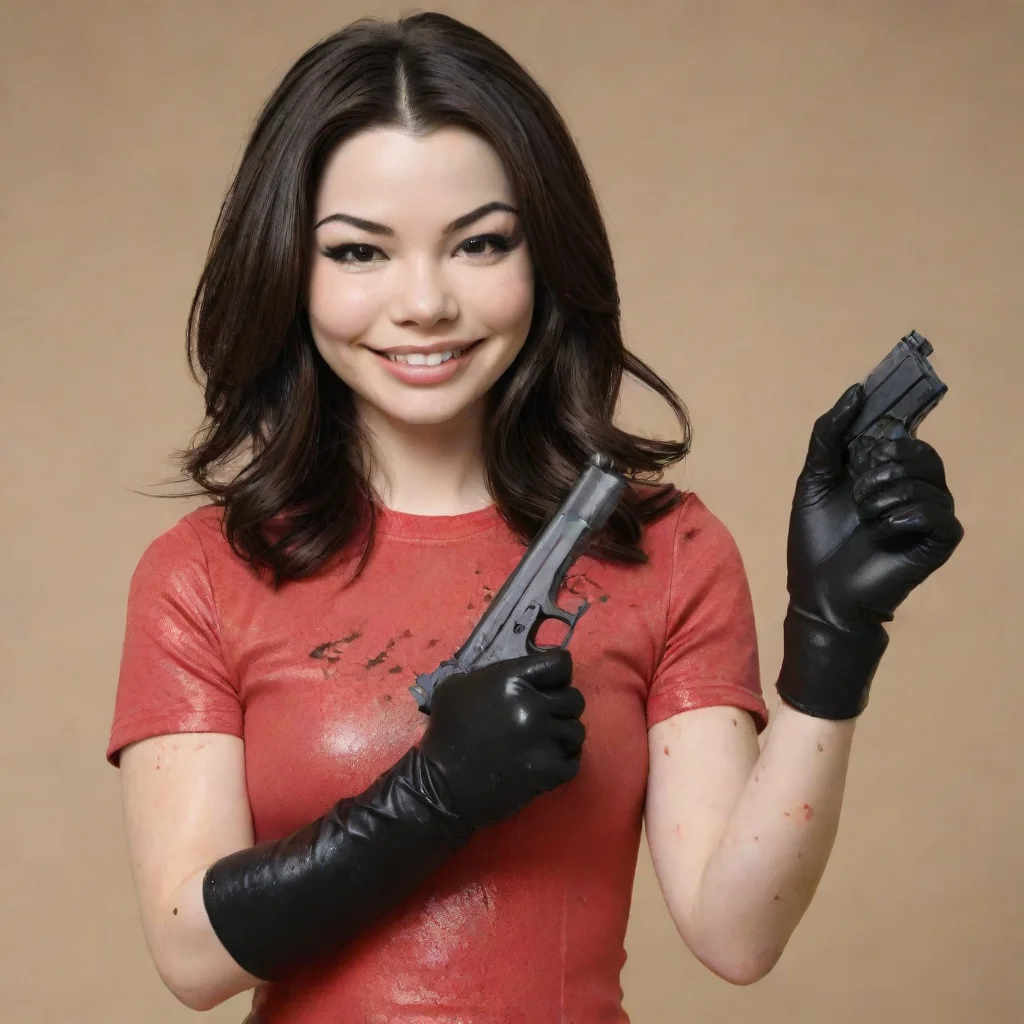 ai amazing adult30 year old miranda cosgrovesmiling with black deluxe nitrile gloves and gun and mayonnaise splattered ever