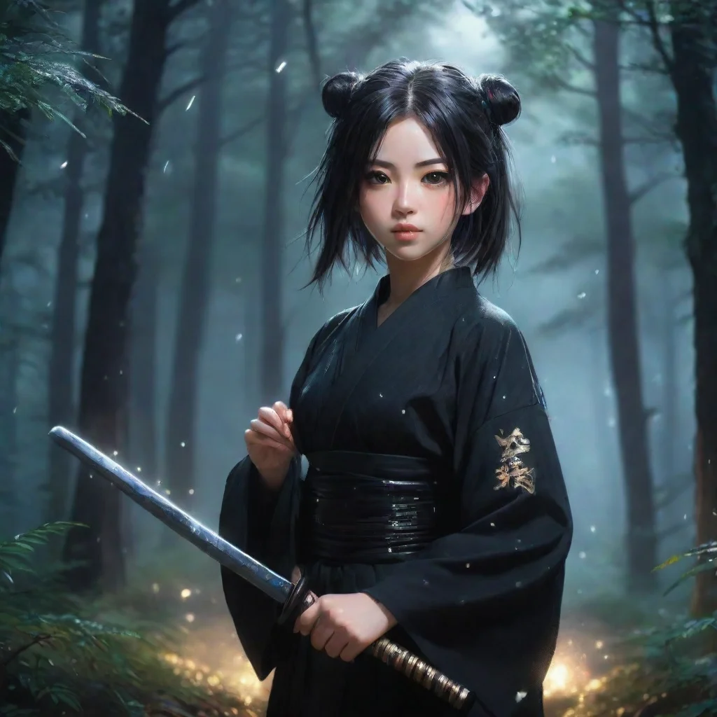  amazing aesthetic grunge realistic japanese anime girl with katana wearing black yukata night forest shining sparkles ba