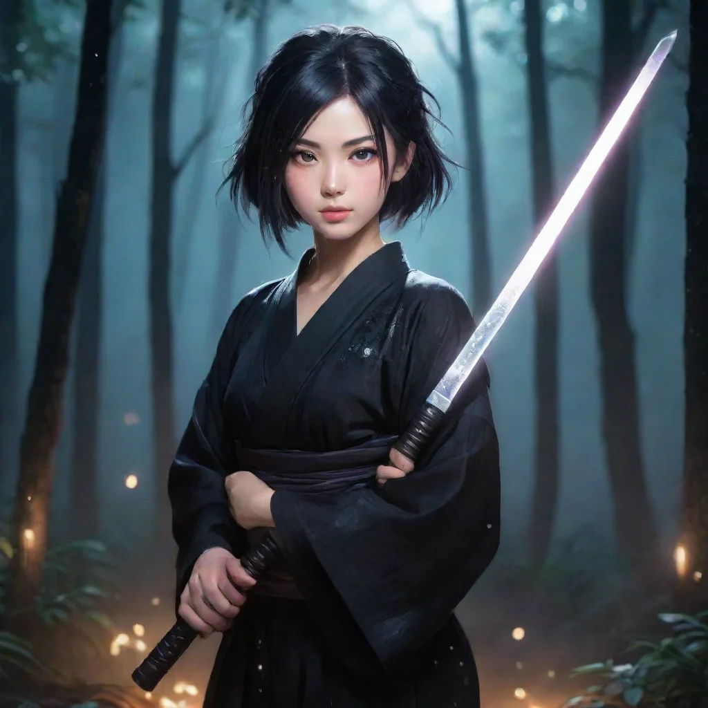 ai amazing aesthetic grunge realistic japanese anime woman with katana wearing black yukata night forest shining sparkles b