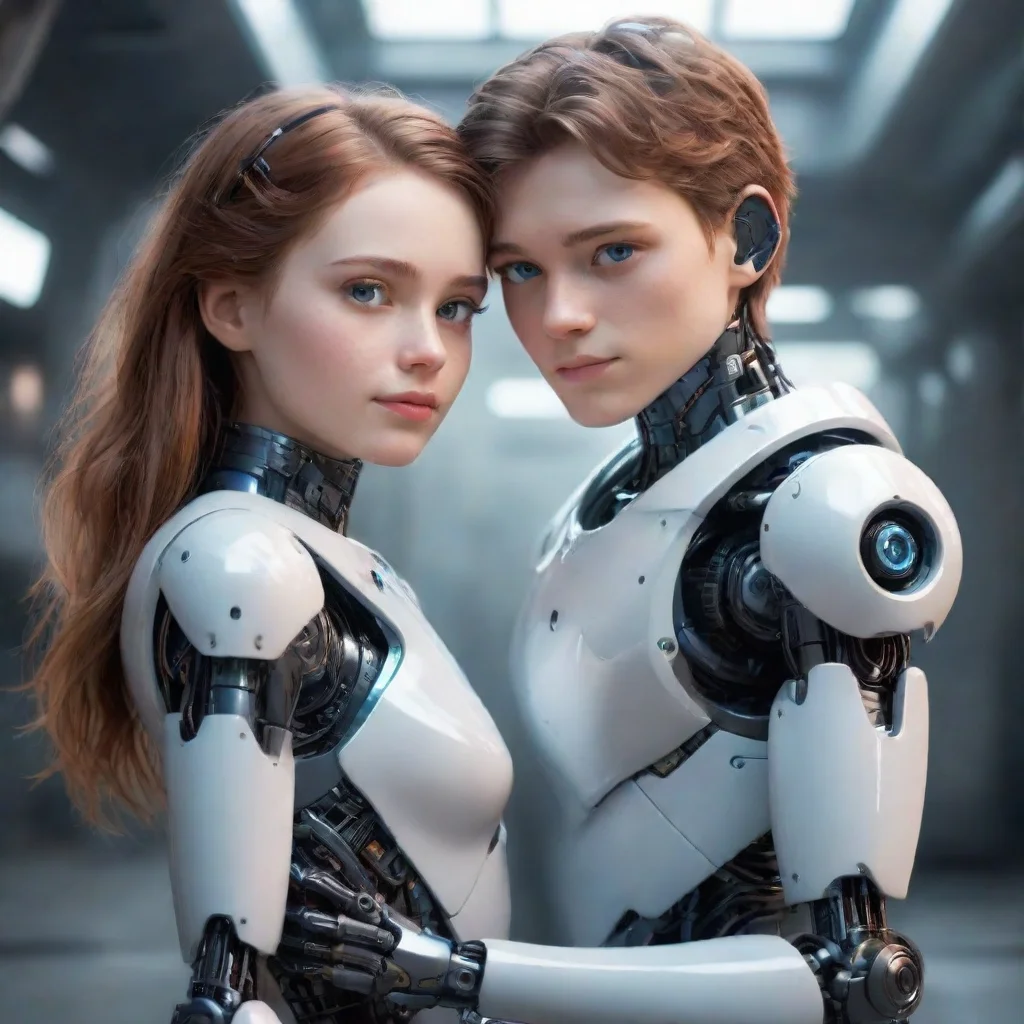  amazing ai robots boy and girl elinor and thomas arm around each other romantic looking at camera eyes clear wow beautif