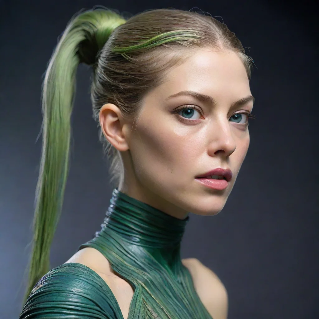 ai amazing alien female with high ponytail made of long flesh tendrilsno hairmikkian from star warsblue green skingolden ey