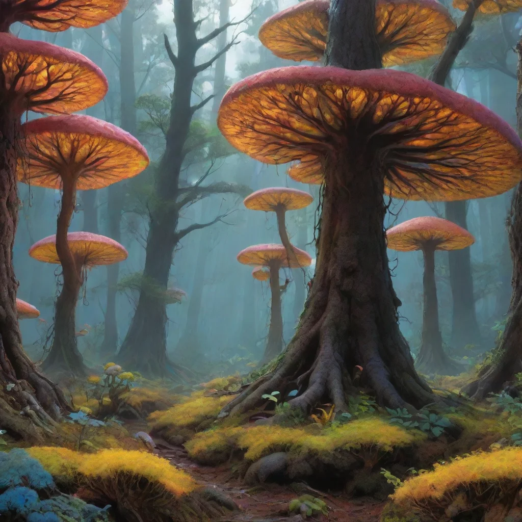 ai amazing alien fungal forest slime mold trees colorful xen from half life realism ghibli moebius wallpaper awesome portra