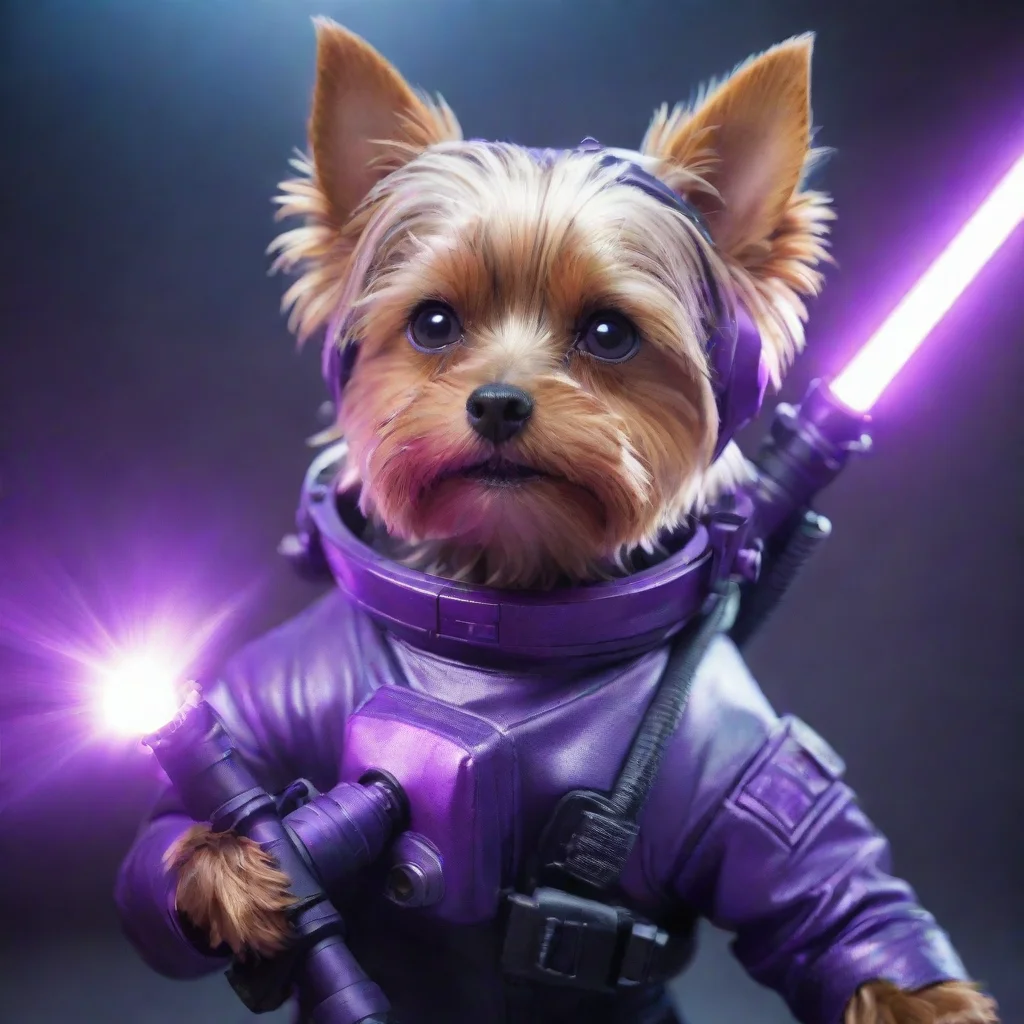 ai amazing alone yorkshire terrier in a cyberpunk space suit firing big laser purple weapon awesome portrait 2
