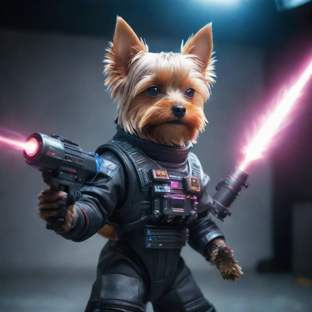  amazing alone yorkshire terrier in a cyberpunk space suit firing big laserweapon with two hands awesome portrait 2