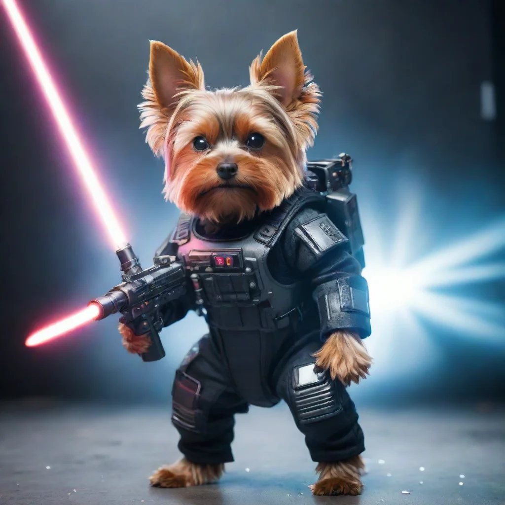 ai amazing alone yorkshire terrier in a cyberpunk space suit firing big weapon laser confident awesome portrait 2