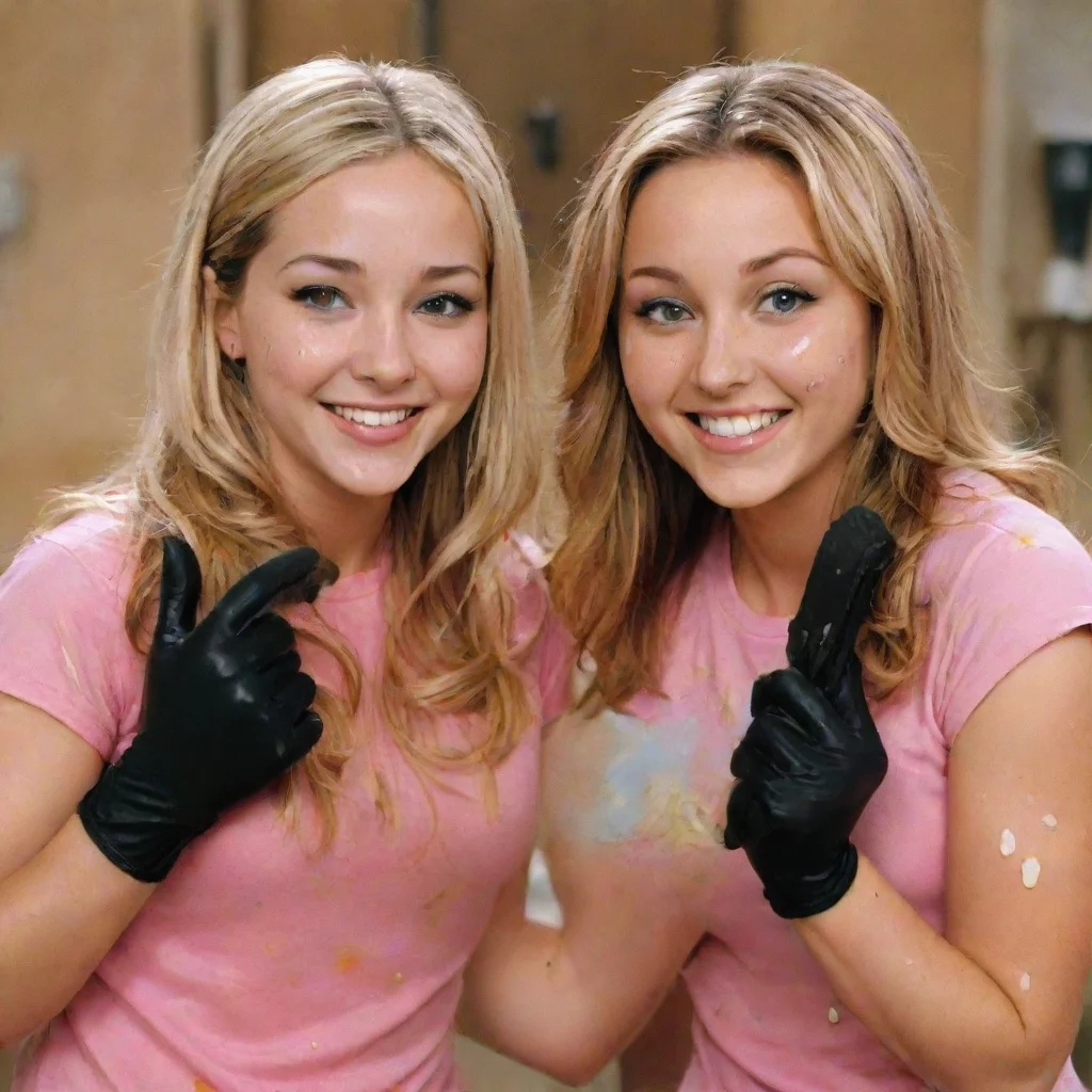 ai amazing amanda bynes and penelope taynt from the amanda show smilingwith black nitrile gloves and gun and mayonnaise spl