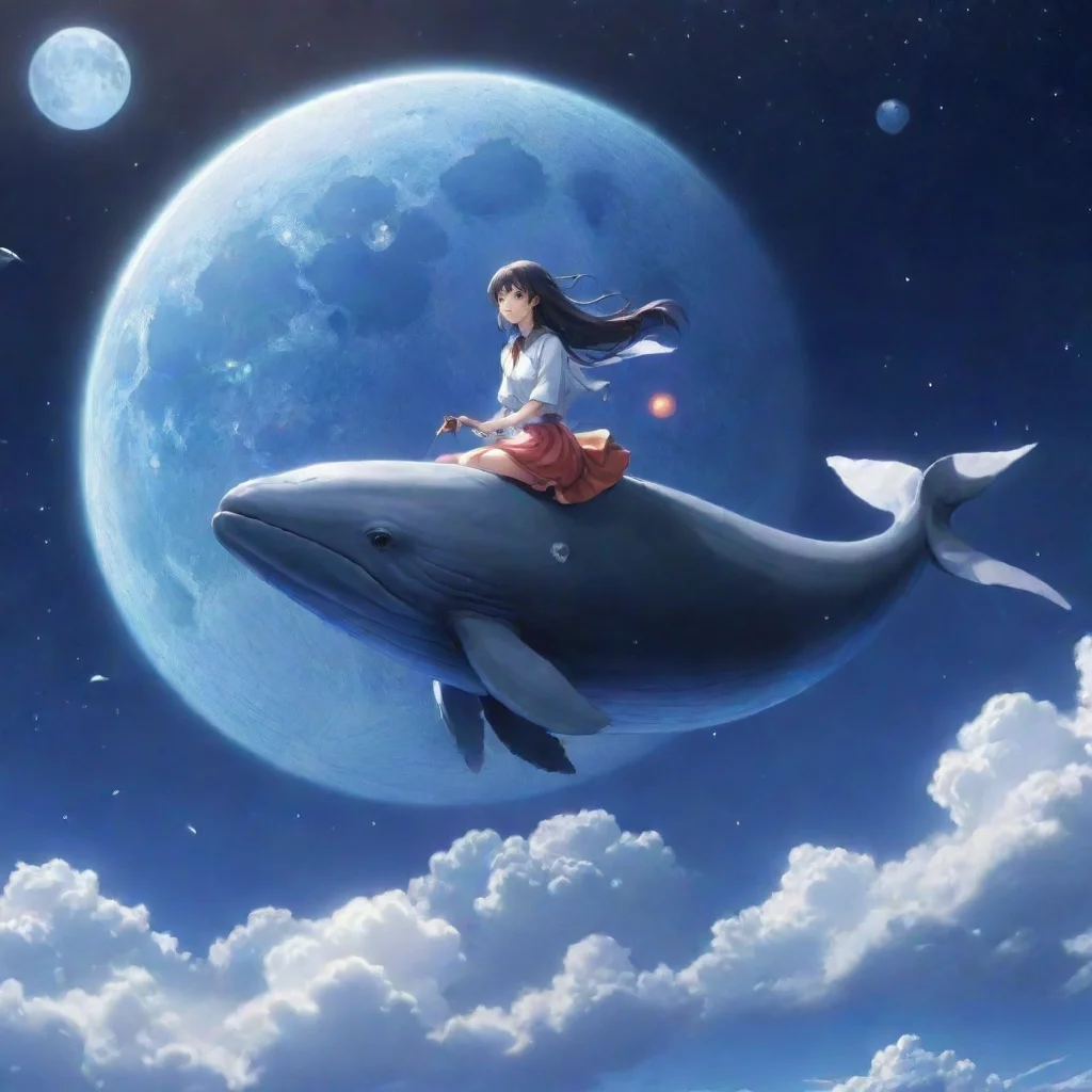ai amazing amazing anime character riding whale flying through the sky beautiful moon planets in sky hd aesthetic realistic