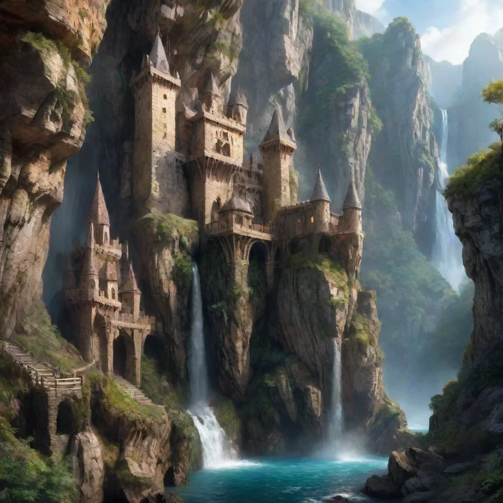  amazing amazing castle on extreme cliff overhangs caves hd detailed realistic asthetic lovely waterfalls awesome portrai