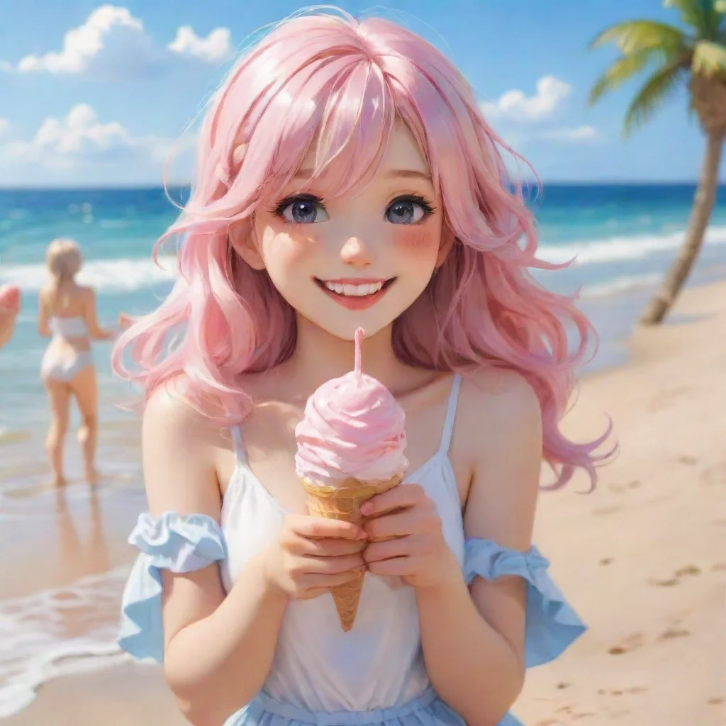 amazing amazing hd art anime detailed aesthetic beautiful smile blush holding ice cream at beach awesome portrait 2