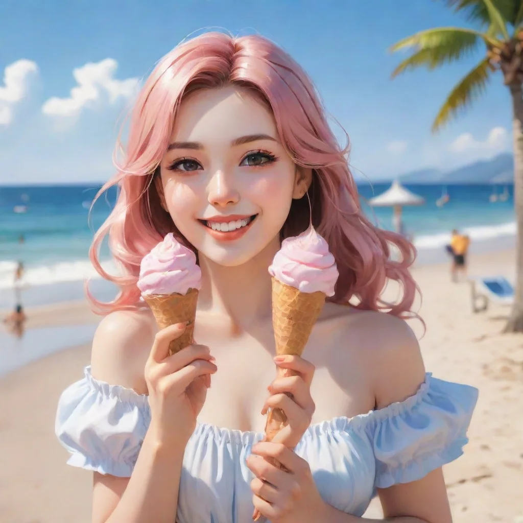 amazing amazing hd art anime detailed aesthetic beautiful woman smile blush holding ice cream at beach awesome portrait 