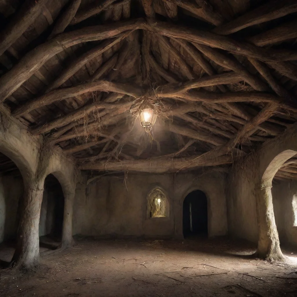 ai amazing an abandoned fantasy medieval inside of a big hut underground with roots in the ceiling light streams into a dar